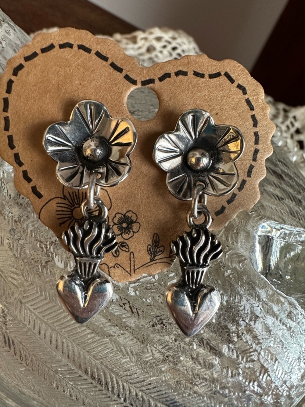 Sterling Silver Taxco  Floral Heart Drop Earrings - - Picture 4 of 5